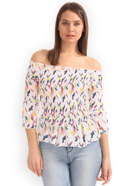 

Sugr Women Off-White Printed Bardot Top