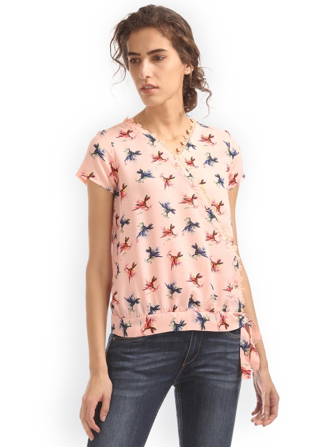 

Sugr Women Peach-Coloured Printed Cinched Waist Top