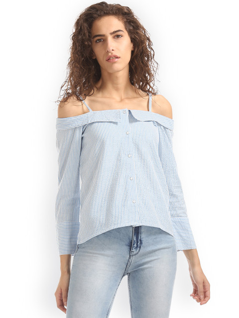 

Sugr Women Blue & White Striped Pure Cotton Top