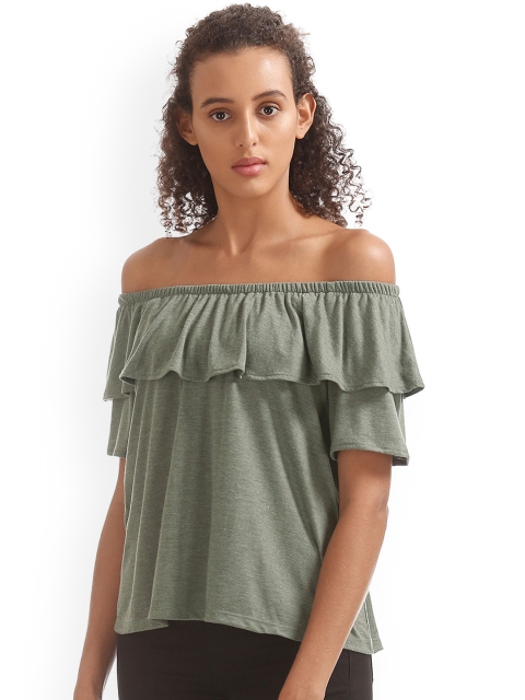 

Sugr Women Olive Green Solid Bardot Top