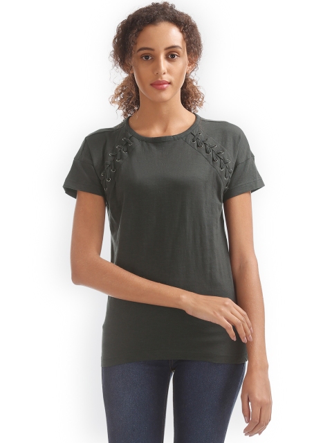 

Sugr Women Charcoal Grey Solid Pure Cotton Top