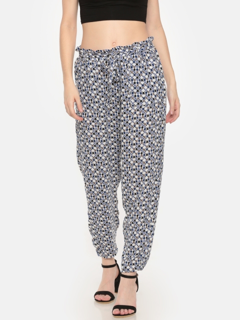 

Sugr Women Off-White & Blue Slim Fit Printed Regular Trousers