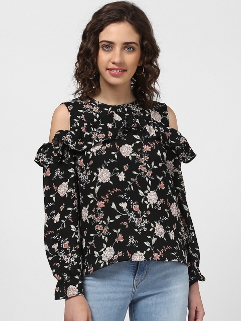 

Harpa Women Black Printed A-Line Cold Shoulder Top