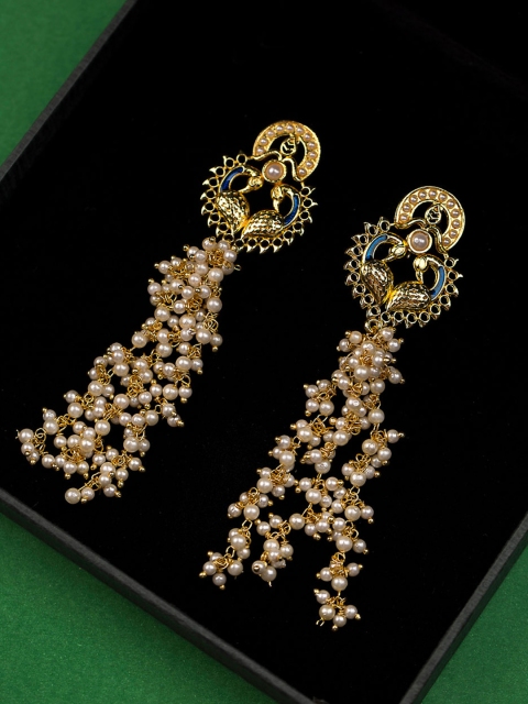 

Voylla Gold-Toned & White Peacock Shaped Drop Earrings