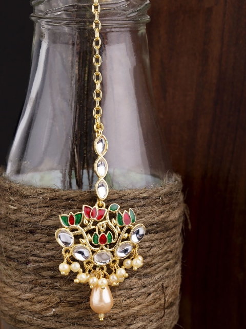 

Voyla Gold-Plated Gren & Red Maang Tika