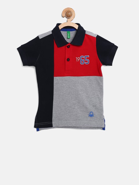 

United Colors of Benetton Boys Grey Melange & Red Colourblocked Polo Collar T-shirt