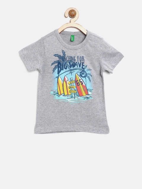

United Colors of Benetton Boys Grey Melange Printed Round Neck T-shirt