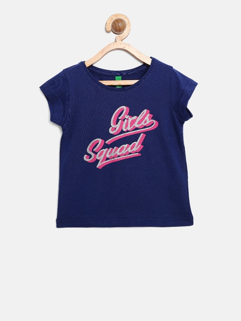 

United Colors of Benetton Girls Navy Blue Printed Round Neck T-shirt