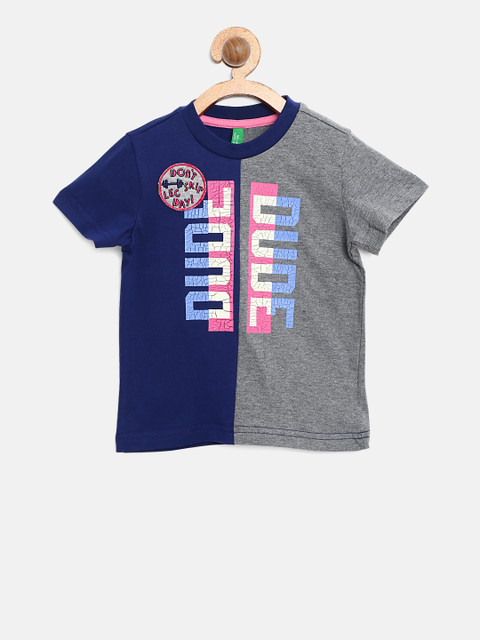 

United Colors of Benetton Boys Grey Melange Colourblocked Round Neck T-shirt