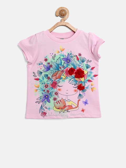 

United Colors of Benetton Girls Pink & Blue Printed Top with Applique