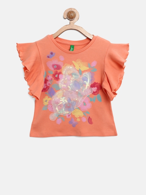 

United Colors of Benetton Girls Peach-Coloured Floral Print Top