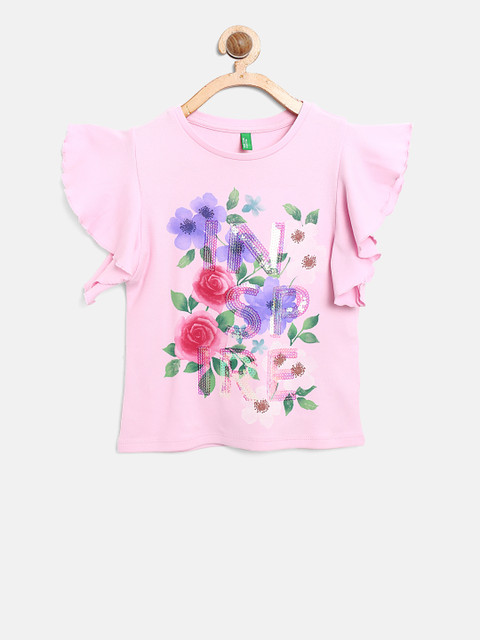 

United Colors of Benetton Girls Pink Floral Print Pure Cotton Top with Sequins