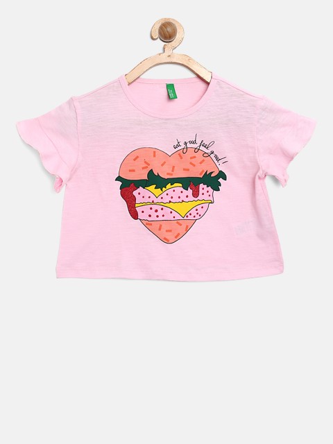 

United Colors of Benetton Girls Pink Printed Boxy Pure Cotton Top