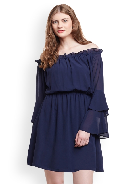 

Martini Women Navy Blue Solid Off Shoulder Blouson Dress