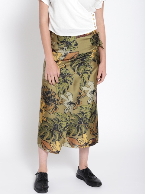 

MANGO Women Olive Green Floral Print Wrap Skirt