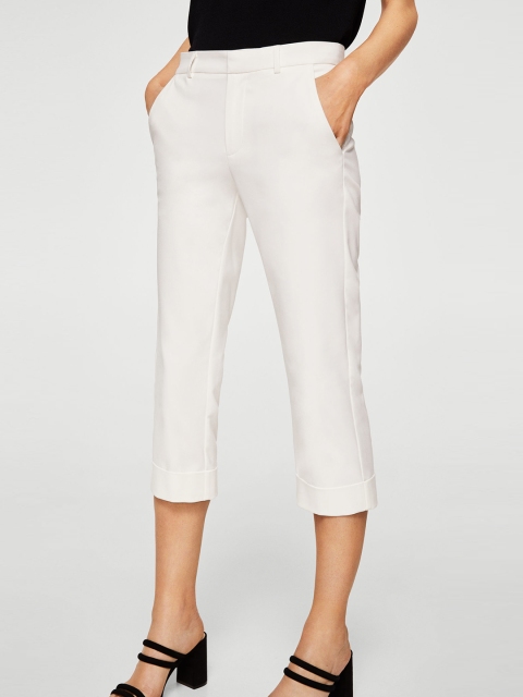 

MANGO Women White Regular Fit Solid Cropped Cigarette Trousers