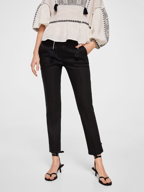 

MANGO Women Black Regular Fit Self-Striped Trousers