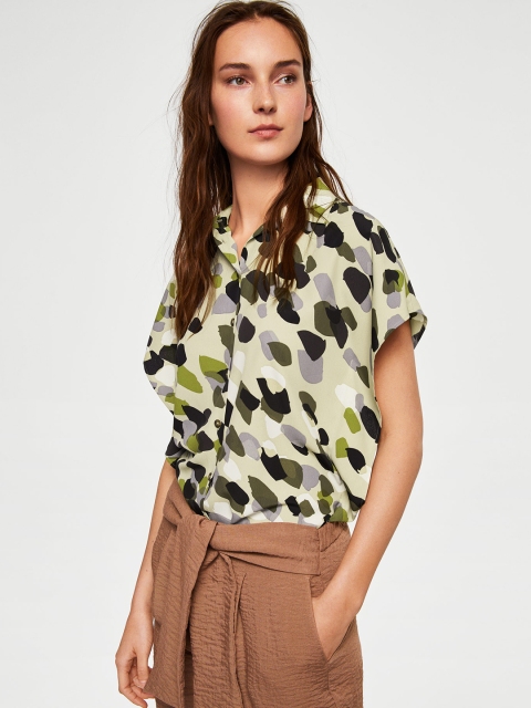 

MANGO Women Olive Green & Grey Regular Fit Printed Casual Shirt
