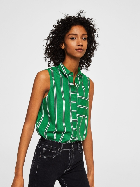 

MANGO Women Green Striped Shirt Style Top