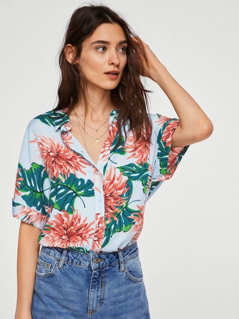 

MANGO Women Blue & Green Regular Fit Printed Casual Shirt