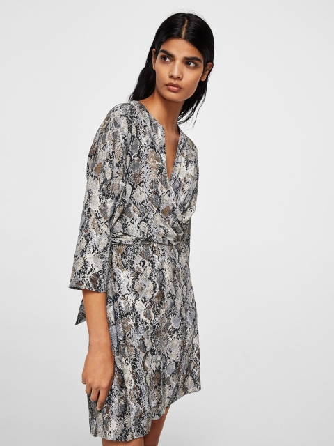 

MANGO Women Grey Printed A-Line Dress