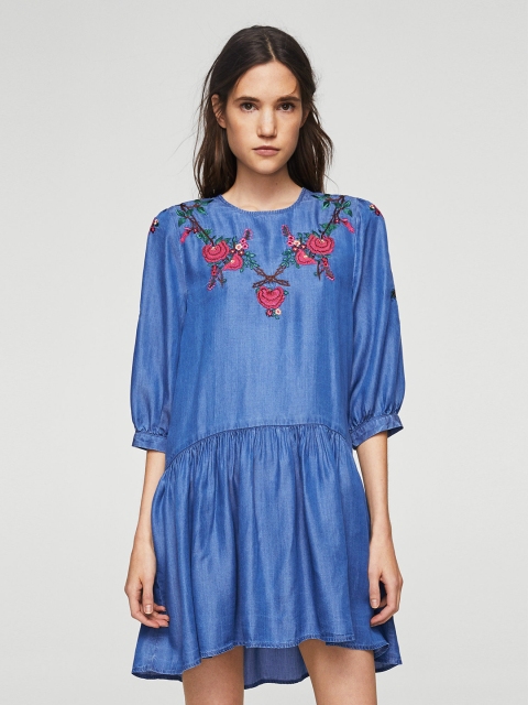 

MANGO Women Blue Solid Chambray Drop-Waist Dress