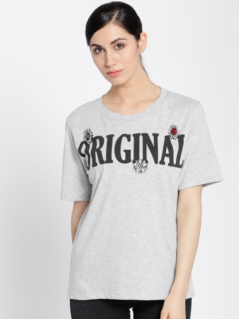 

MANGO Women Grey Melange Printed Embellished T-shirt