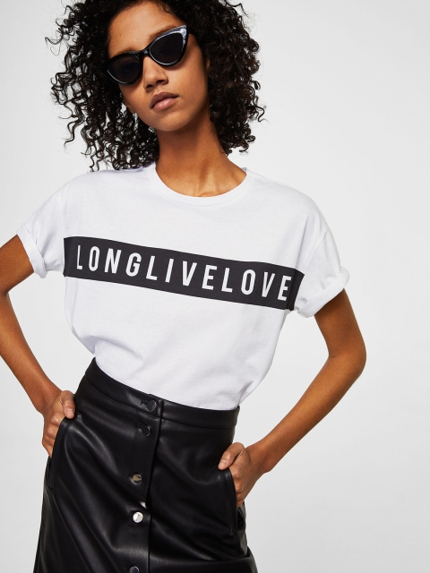 

MANGO Women White Printed Round Neck T-shirt