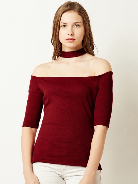 

Miss Chase Women Maroon Solid Bardot Pure Cotton Top