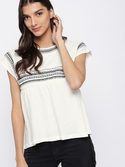 

MANGO Women White Embroidered A-Line Top