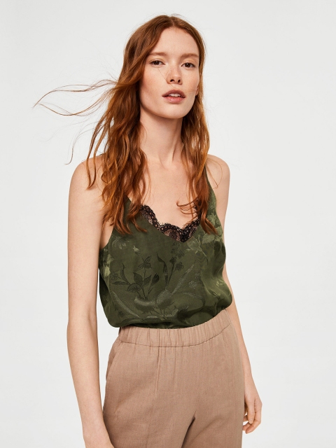 

MANGO Women Olive Green Self Design A-Line Top