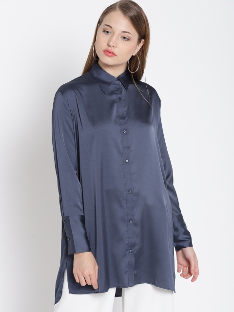 

MANGO Women Navy Solid Longline Shirt, Navy blue