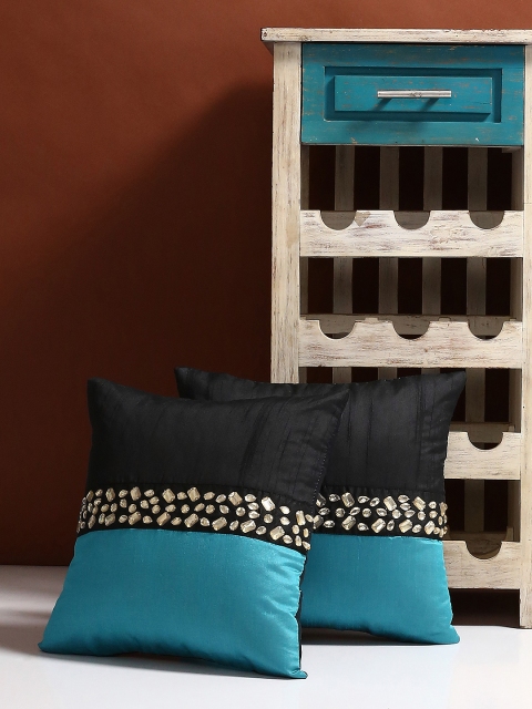 

Alina decor Black & Blue Colourblocked Set of 2 Solid Square Cushion Covers