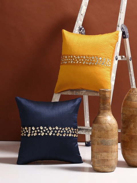 

Alina decor Blue & Yellow Set of 2 Solid Square Cushion Covers