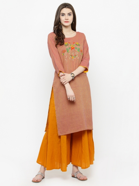 Varanga Women Coral & Mustard Striped Kurta with Palazzos