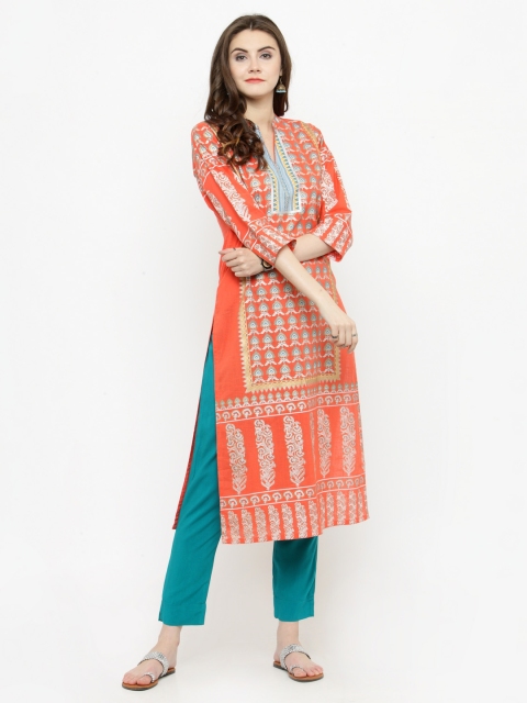 

Varanga Women Coral & Teal Printed Kurta with Trousers