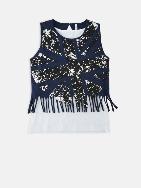 

POPPERS by Pantaloons Girls Navy Blue & White Printed Top with Tassels