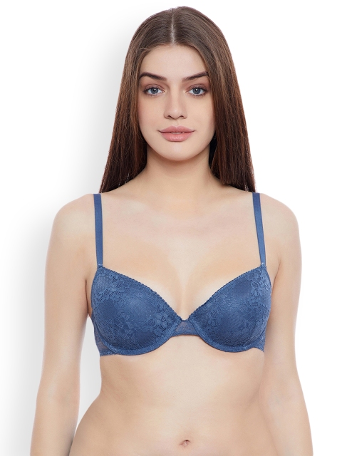 

Clovia Lace Lightly Padded Underwired Plunge Bra, Blue