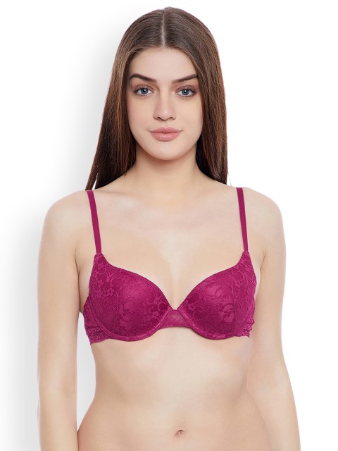 

Clovia Lace Lightly Padded Underwired Plunge Bra, Magenta