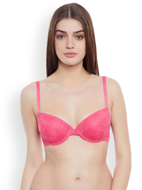 

Clovia Lace Lightly Padded Underwired Plunge Bra, Pink