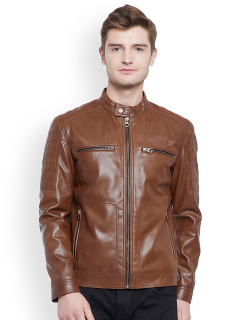 

Justanned Men Tan Brown Solid Biker Jacket