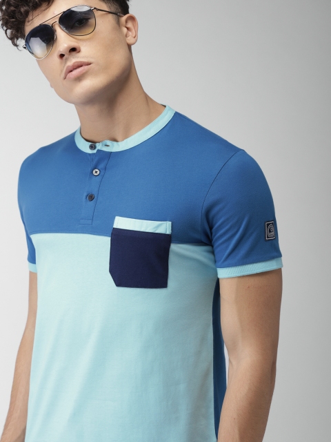 

Harvard Men Blue Colourblocked Henley Neck T-shirt