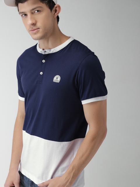 

Harvard Men Navy & White Colourblocked Mandarin Collar T-shirt, Navy blue