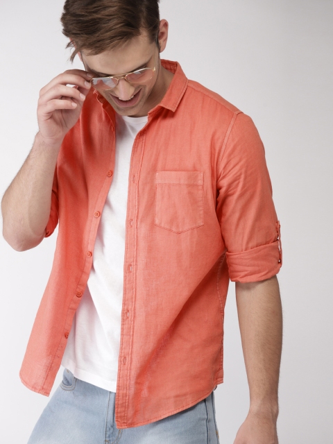 

Mast & Harbour Men Coral Orange Regular Fit Solid Casual Cotton Linen Shirt