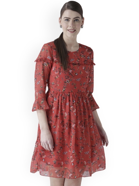 

109F Women Red Floral Print A-Line Dress