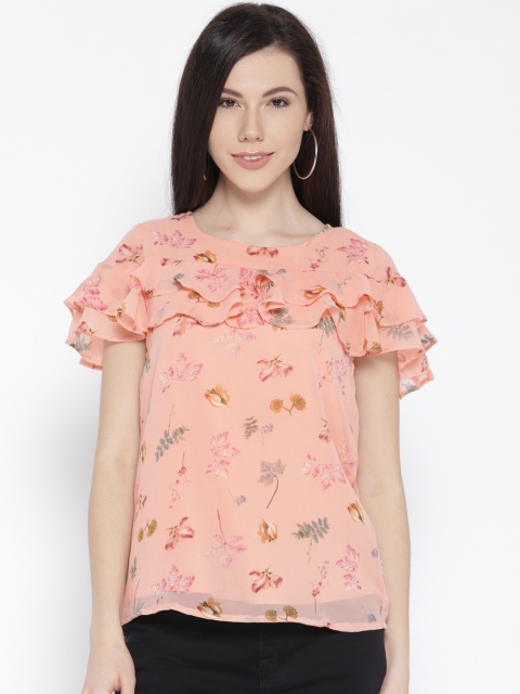

109F Women Peach-Coloured Printed Ruffled Top