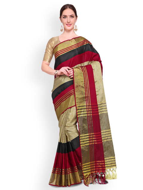 

Saree mall Beige & Maroon Silk Blend Striped Banarasi Saree