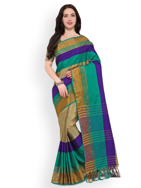 

Saree mall Beige & Sea Green Silk Blend Striped Banarasi Saree