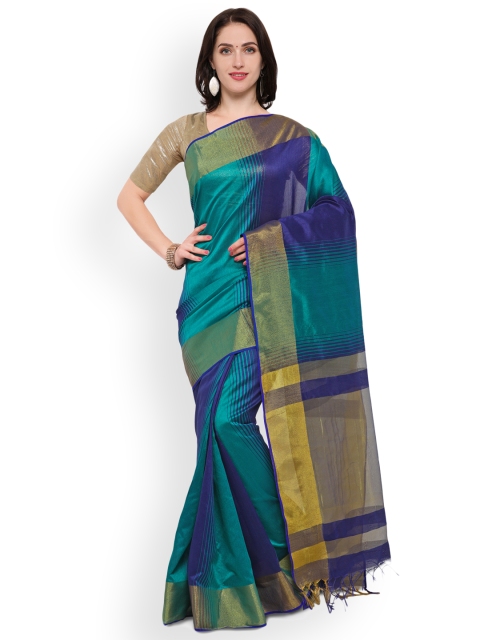 

Saree mall Teal & Navy Blue Silk Blend Striped Banarasi Saree
