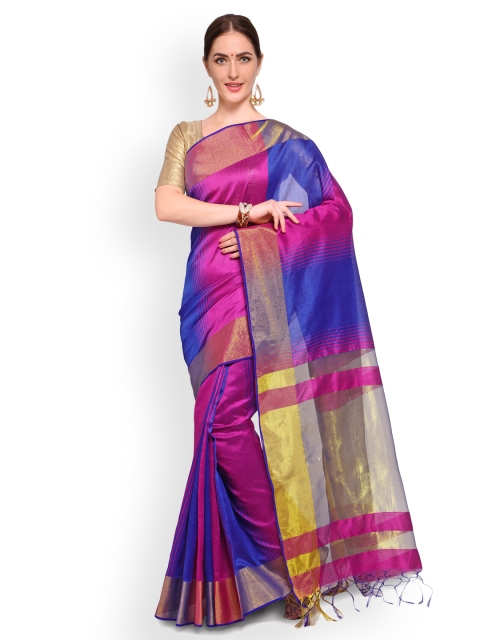 

Saree mall Blue & Pink Silk Blend Striped Banarasi Saree